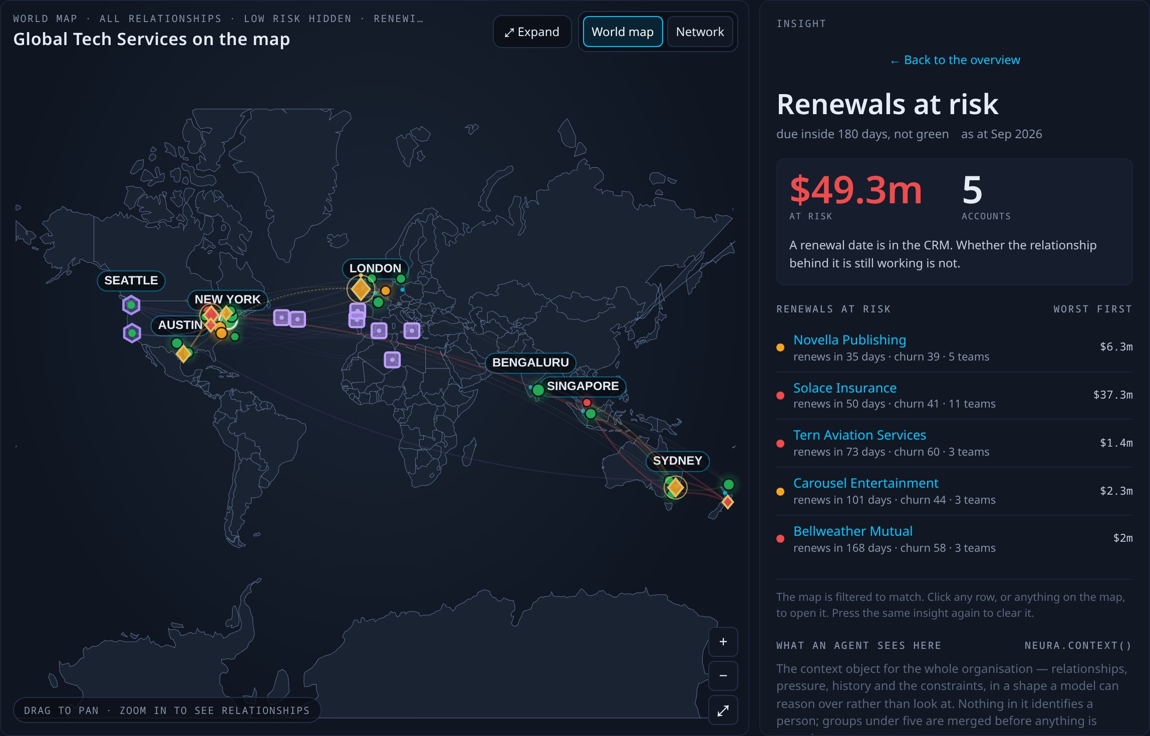 Global Tech Services: map filtered by renewals at risk